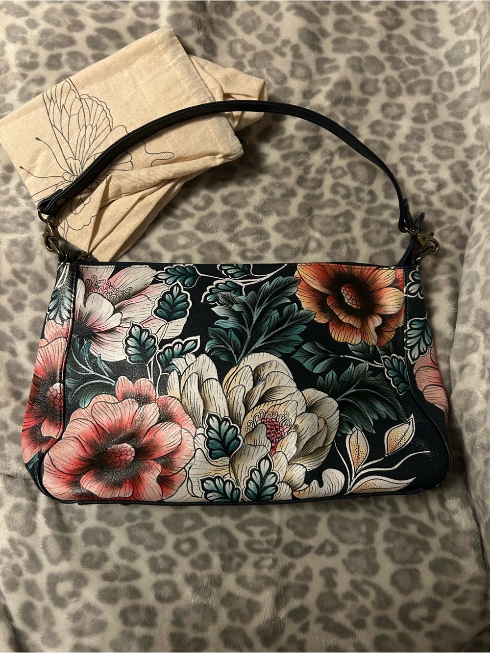Anuschka Black Floral Leather Shoulder Bag with Coral, Cream & Green Accents